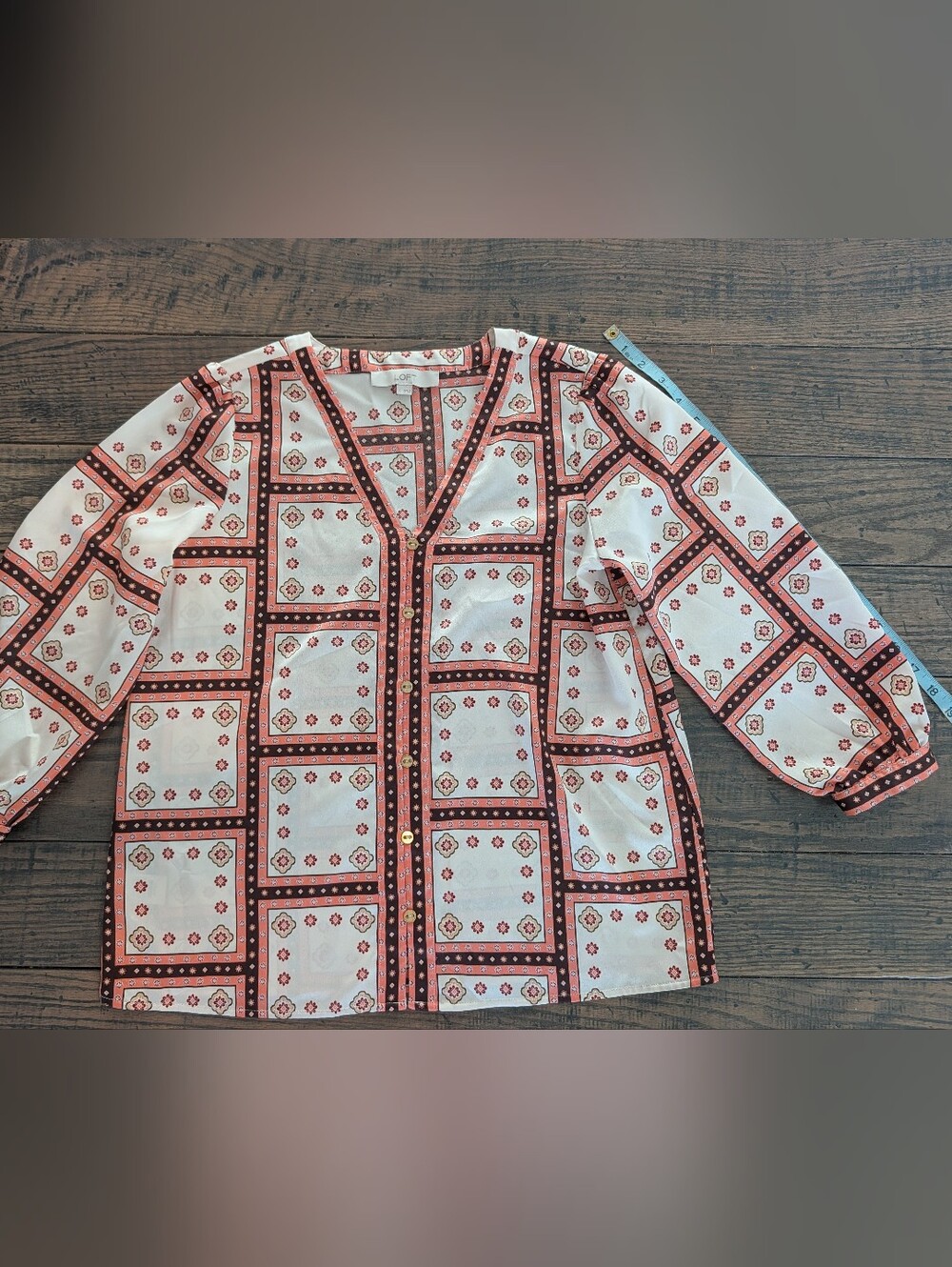 Women's Button-Up Shirt in Cream & Coral Geometric Print
